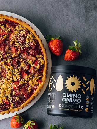 Tarte végétalienne aux fraises avec AMINO ANIMO Power Mix Vanille Protein Tarte végétalienne aux fraises avec AMINO ANIMO Power Mix Vanille Protein